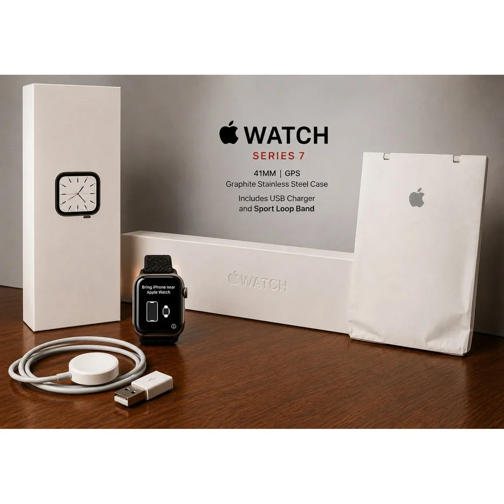 Apple Watch Bundle Series‎ 7 41mm Graphite Stainless Steel GPS USB charger